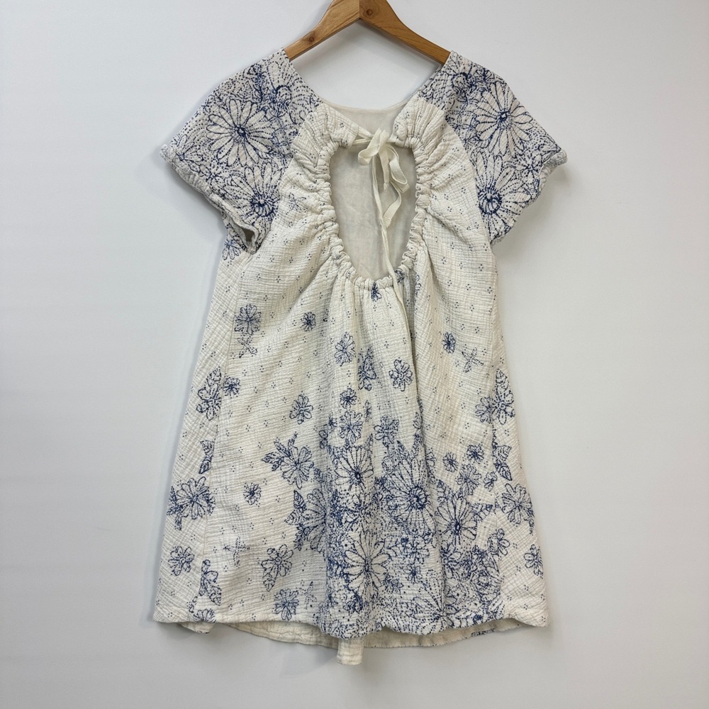 Free People Pinwheel Mini Dress Women M White Blue Floral Open Back Swing - Picture 4 of 15